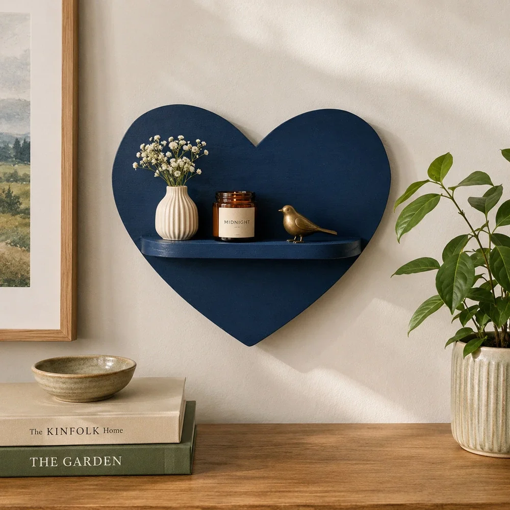 Wooden Blue Heart Shelf Wall Decor Trinkets 8.5